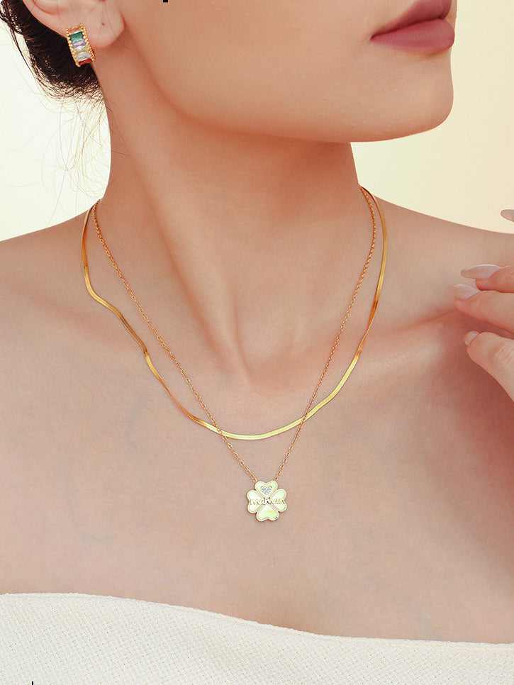 2 Piece 18K Gold-Plated Inlaid Zircon Lucky Clover Necklace