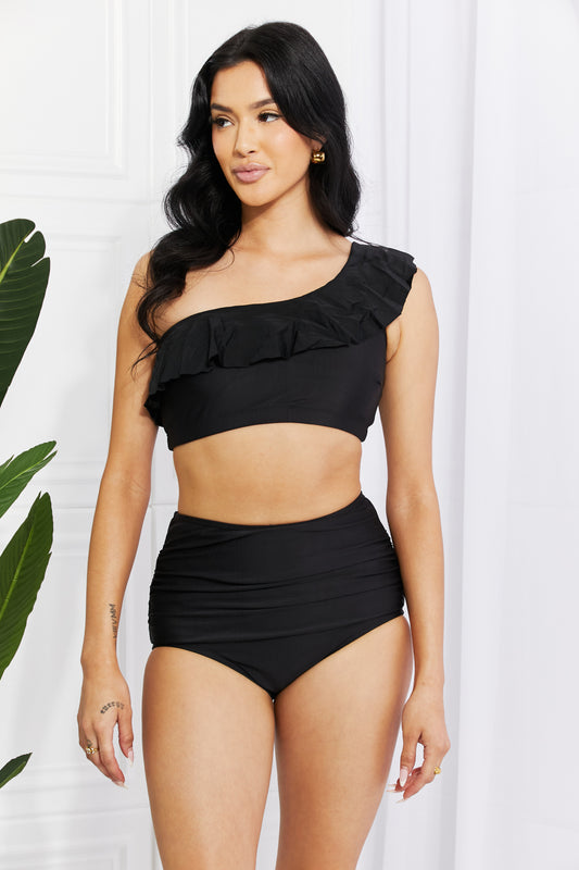 Marina West Swim Seaside Romance Ruffle One-Shoulder Bikini in Black